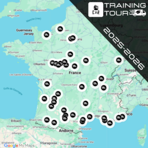 Carte de France présentant les différentes étapes des formations du Training Tour C2R réalisées en 2025 et 2026 auprès des partenaires professionnels.